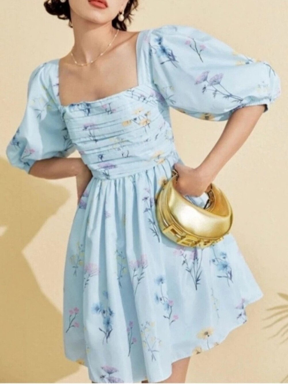 Self-Portrait Blue Floral Watercolour Taffeta Mini Dress Babydoll Puff Sleeve 0